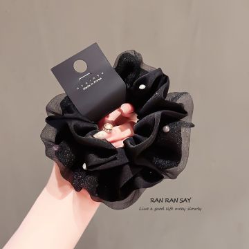 Women's Satin Pearl Scrunchie Bow Hair Tie - Elegant Velvet & Fabric Ponytail Holder for Bun & Ponytail Styling