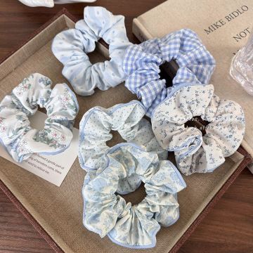 Korean Style Sea Salt Blue Scrunchies - Polka Dot, Floral & Plaid Hair Accessories