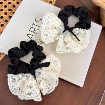 White Lace Bow Scrunchie - Korean Style Puffy Hair Ring with Bow Accent