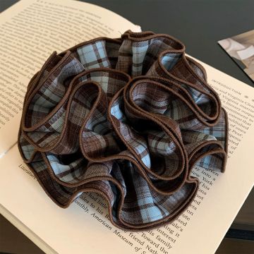 Korean-Inspired Brown Plaid Velvet Scrunchie - Retro Large Hair Tie