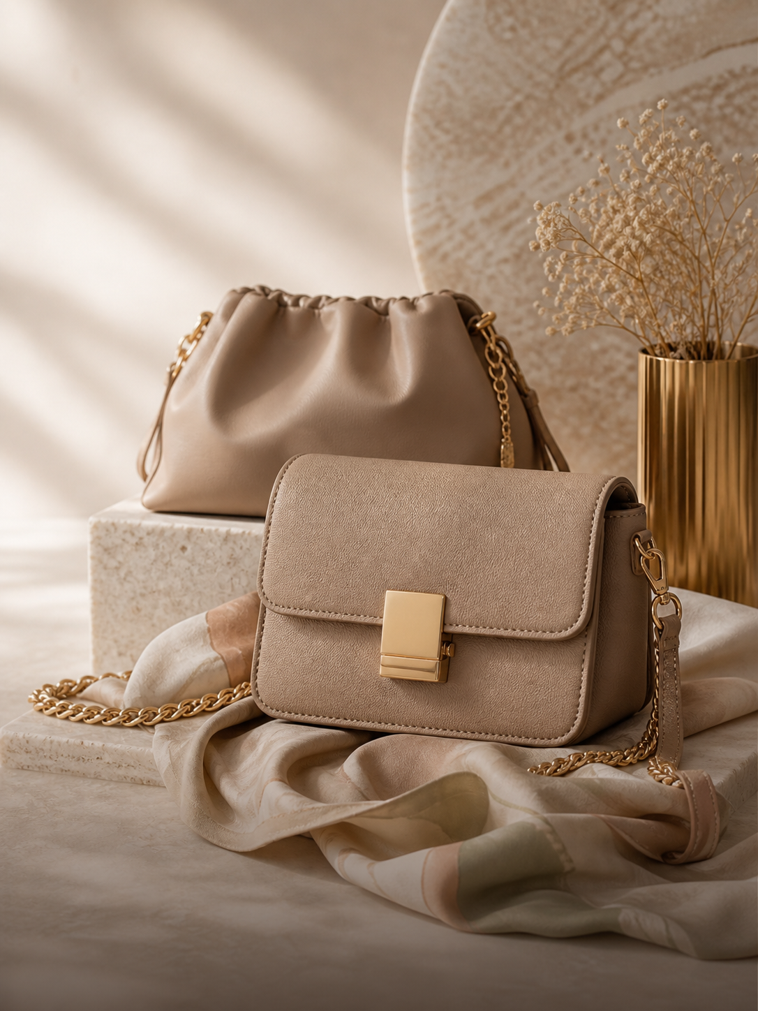 Neutral leather crossbody bag and mini purse with gold hardware