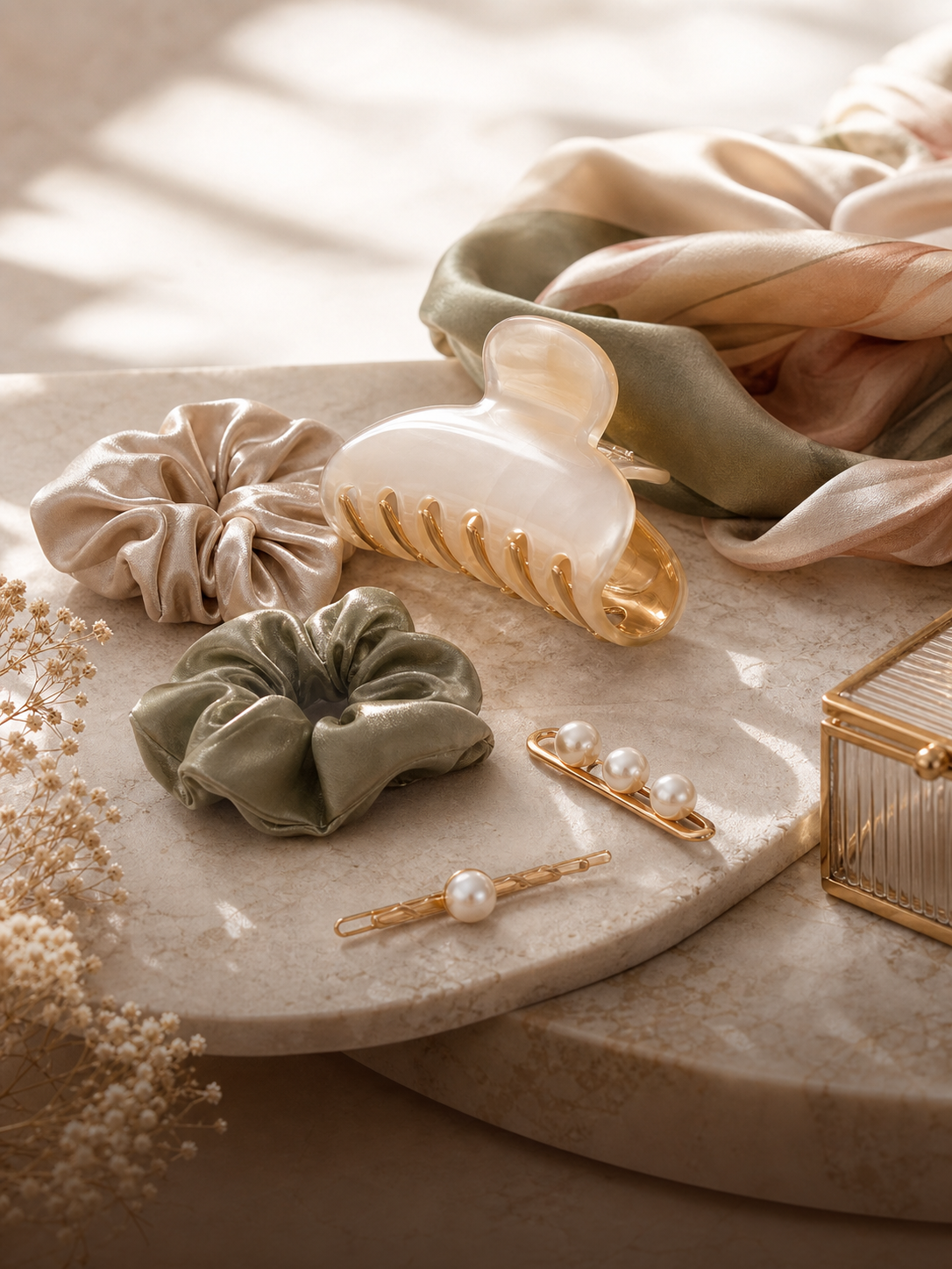 Pearl hair claw clip, satin scrunchies, and gold hair pins on marble