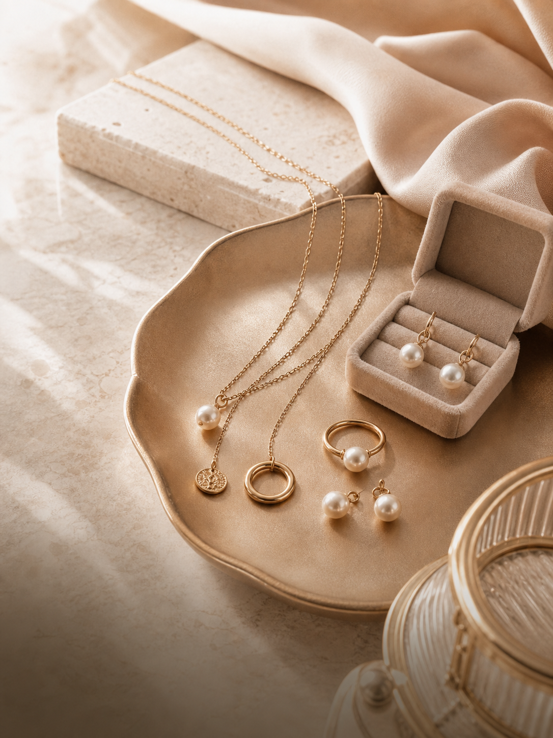 Delicate gold necklaces, pearl earrings, and rings styled on warm stone