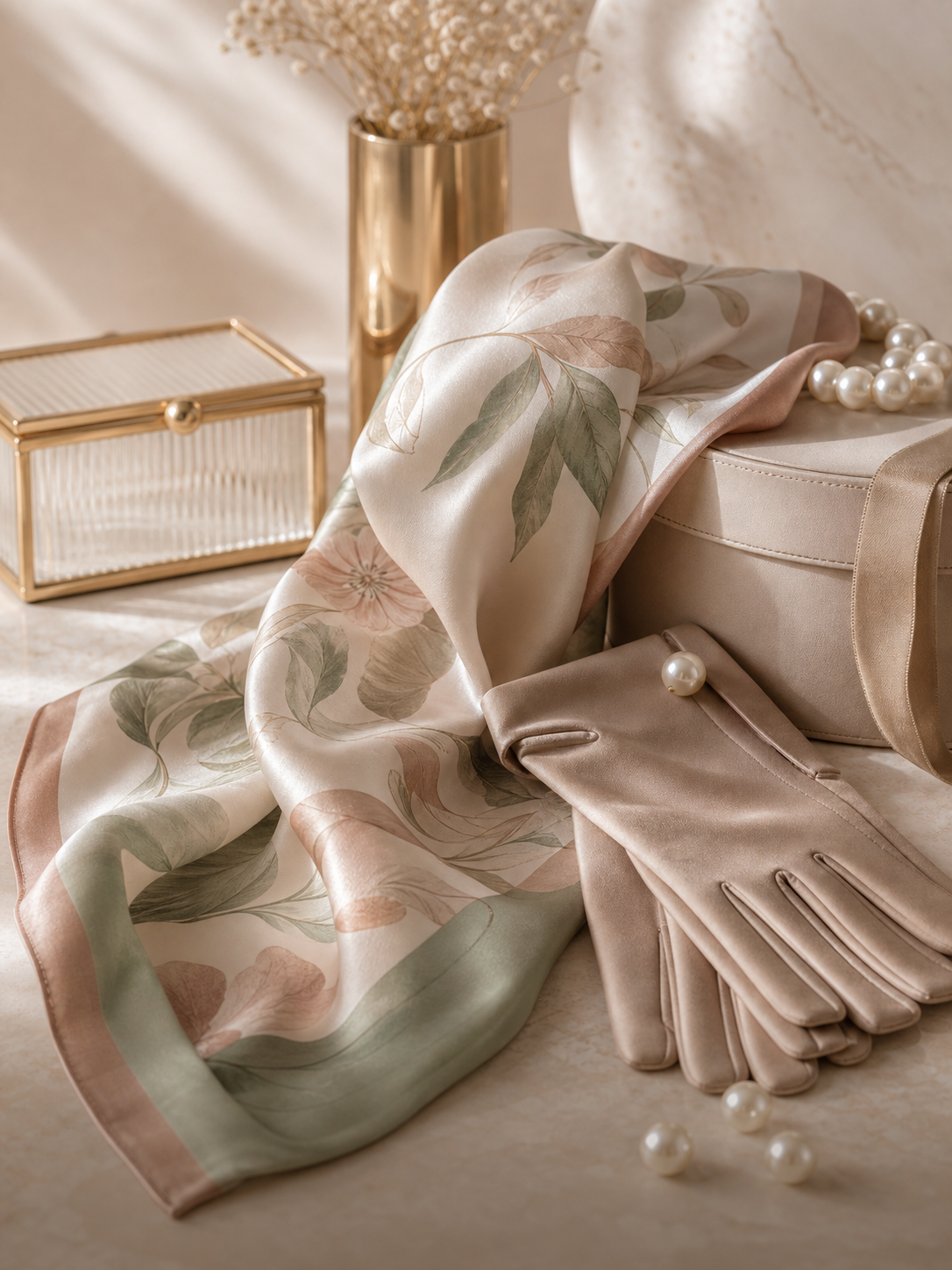 Silk floral scarf and warm neutral gloves in a refined boutique setting