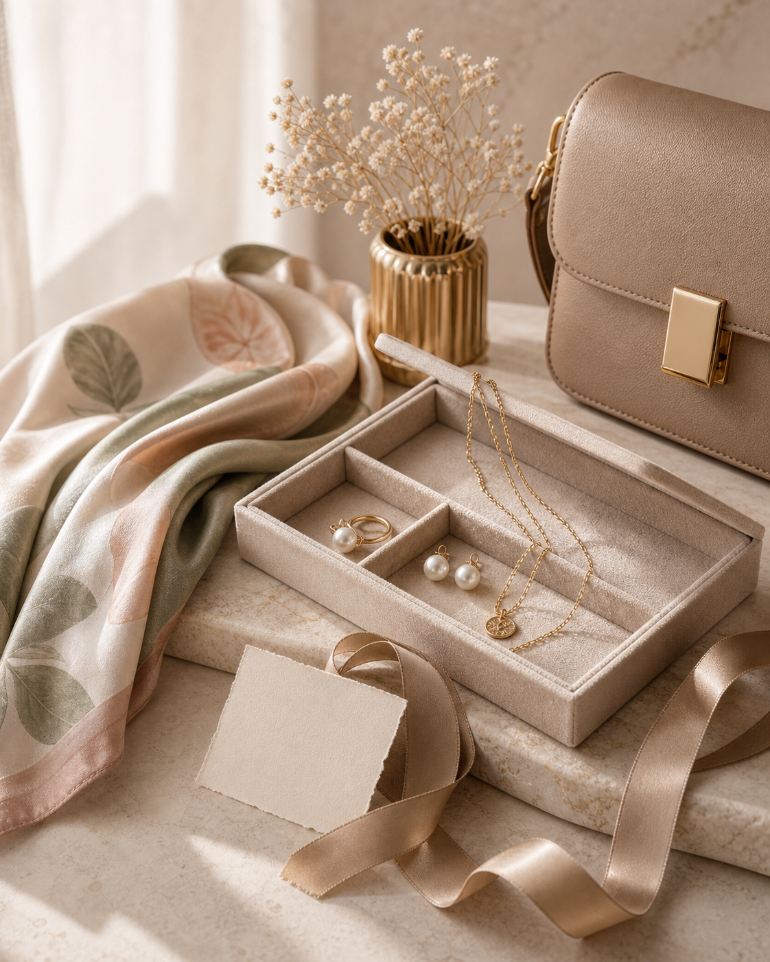 Curated accessories with jewelry, silk scarf, ribbon, and leather bag in a refined atelier setting