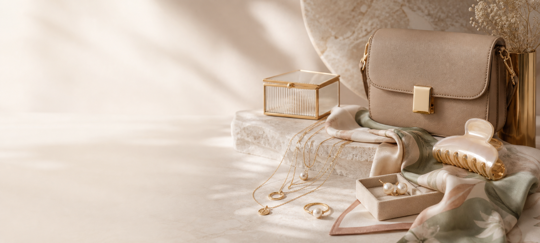 Elegant fashion accessories styled on a marble surface